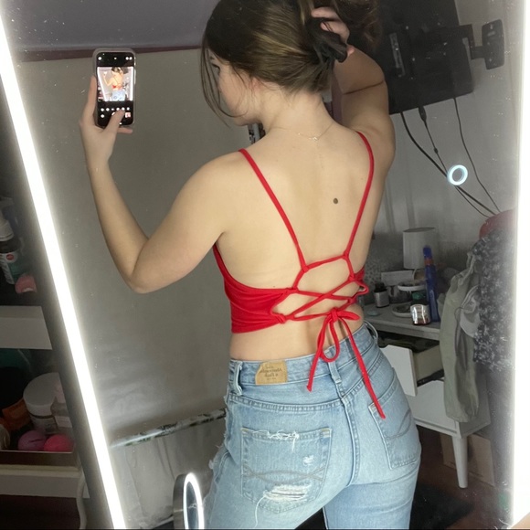 (Sold Elsewhere) Red Garage Crop Top with Open Back!! - Picture 4 of 4